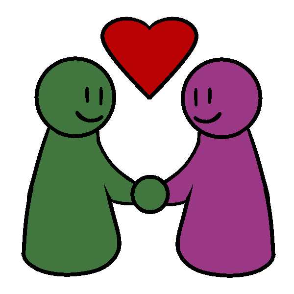  A green figure and a pink figure holding hands and smiling, with a heart between them. 